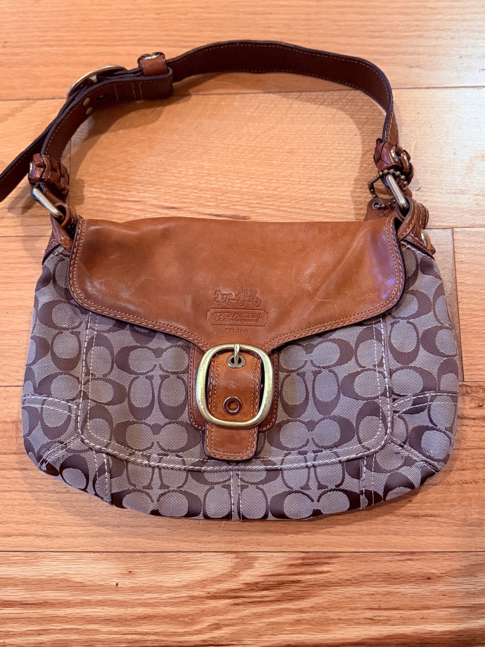 Coach Vintage Tan Soho Bleeker Y2K Monogram Canvas and Leather flap Shoulder Bag
